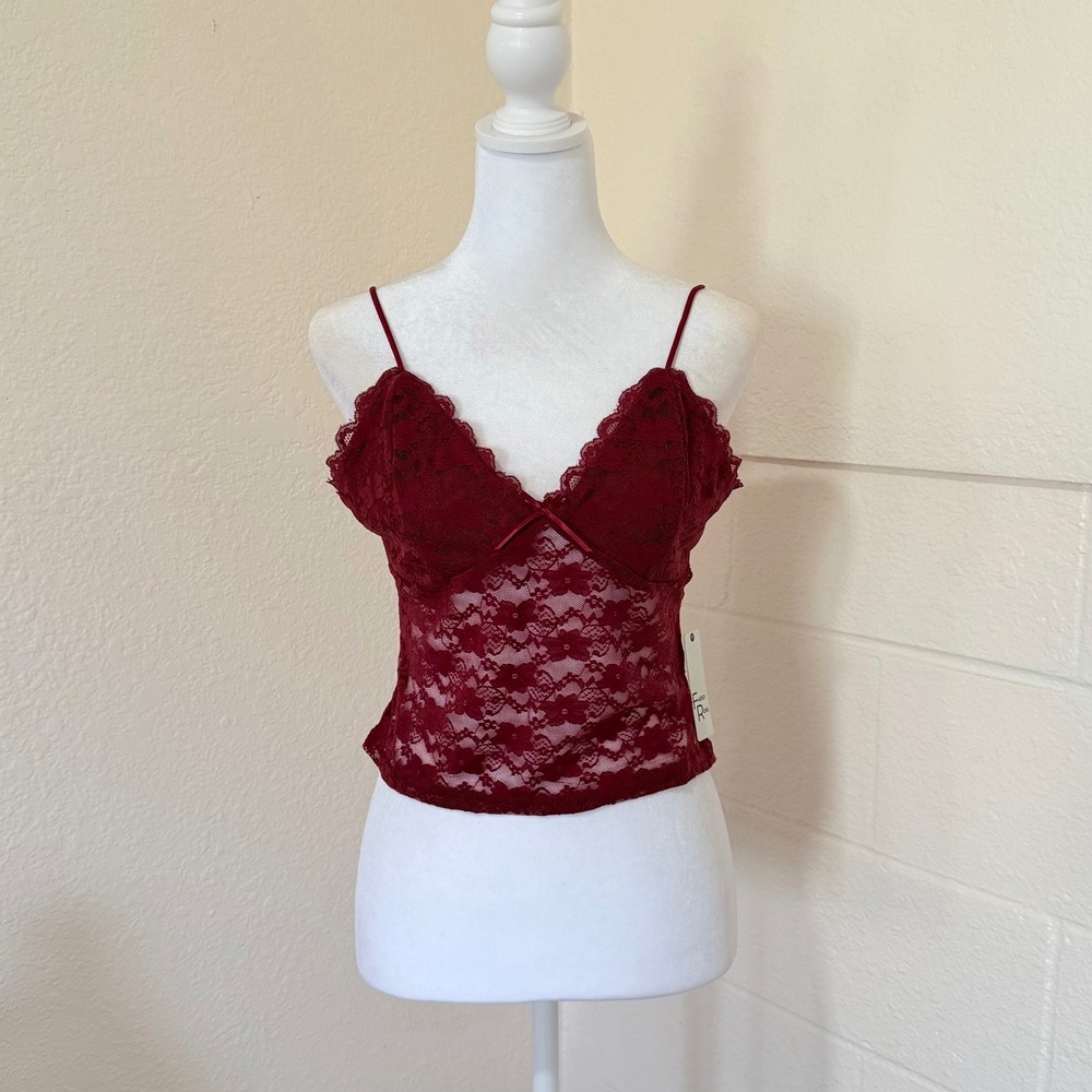 Faded Rose Lace Camisole Womens Large Burgundy Sheer V-Neck Cropped Romantic